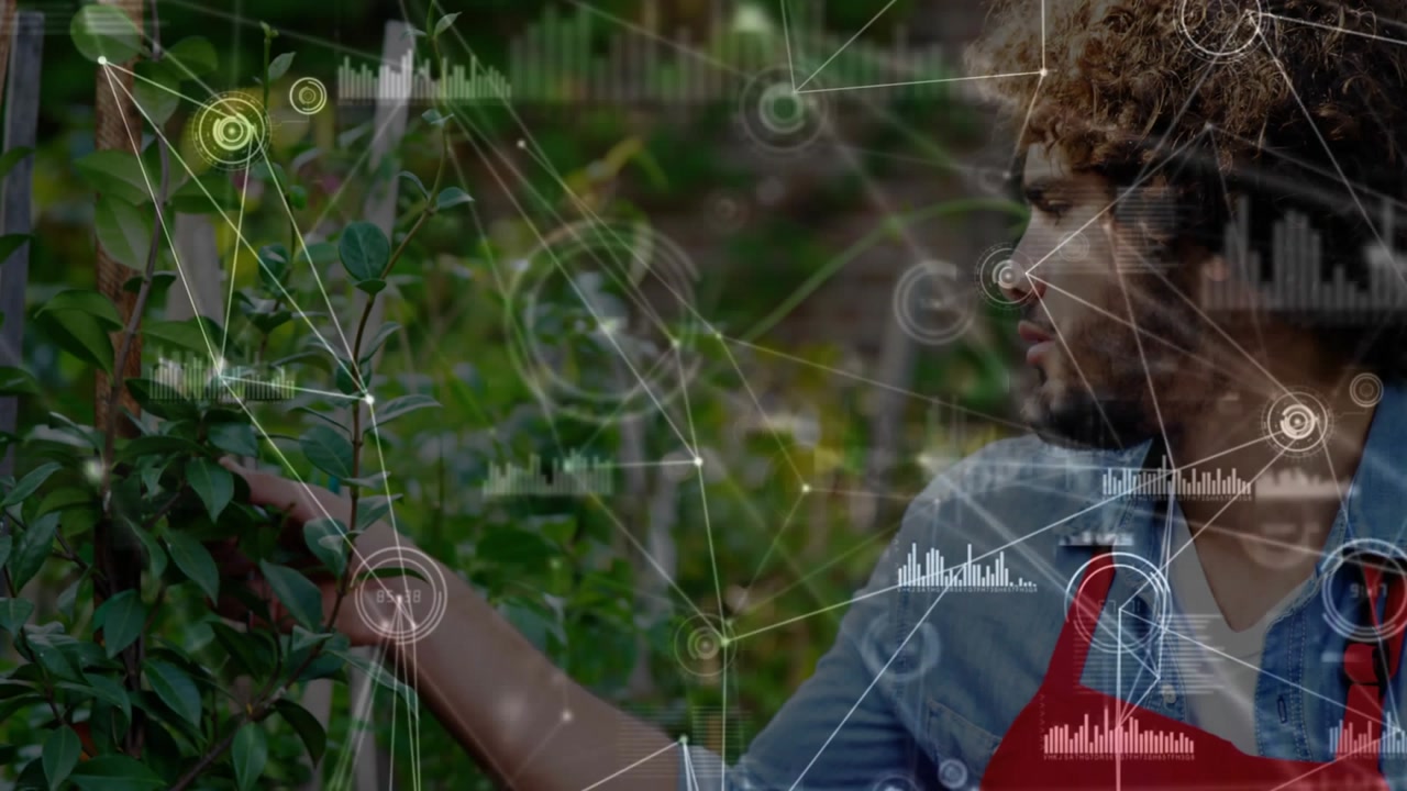 Gardener writing clipboard notes and activating AR overlays while inspecting vine health charts