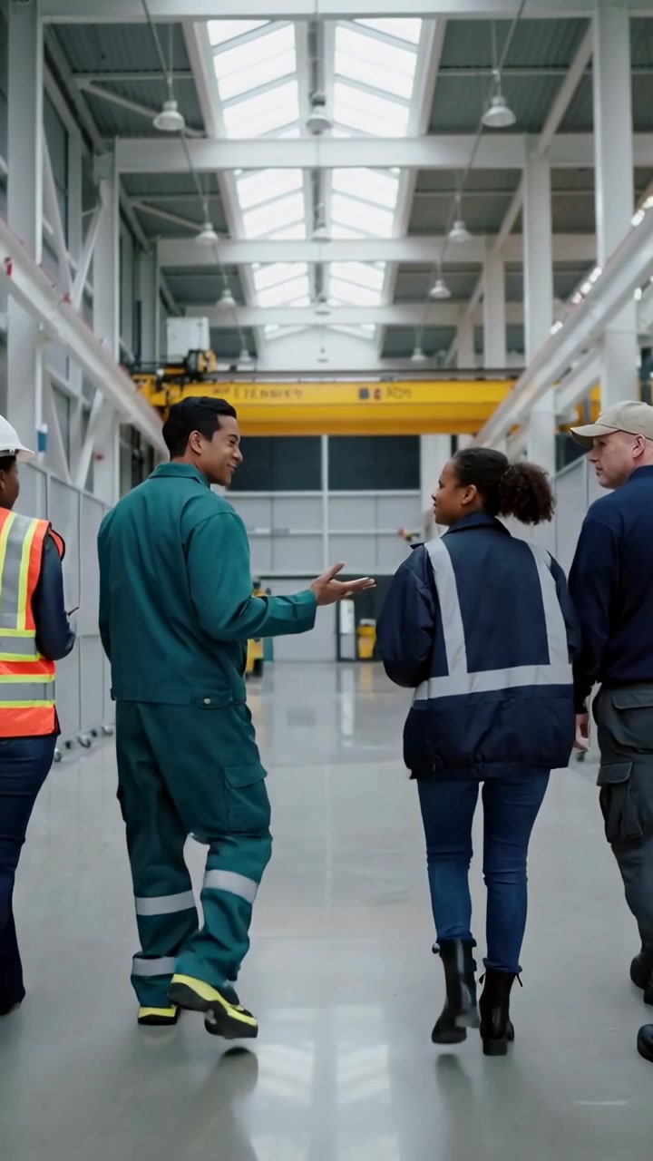 Vertical video: Starting site walk, four workers walking down plant hall toward crane, in hard hats
