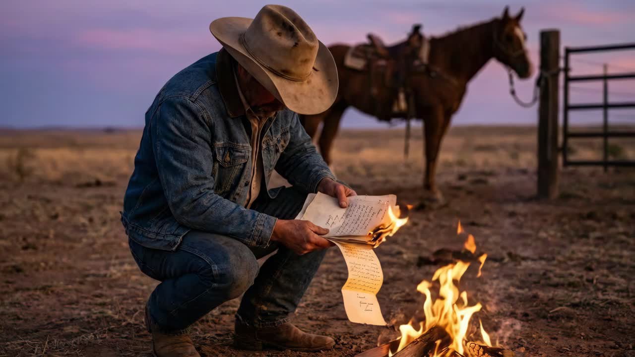 Cowboy Burning a Letter by a Campfire
