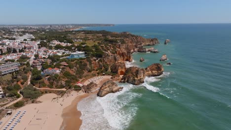 Playa-De-Los-Tres-Hermanos,-Three-Sisters-Beach-Algarve-Portugal,-Aerial-Panoramic