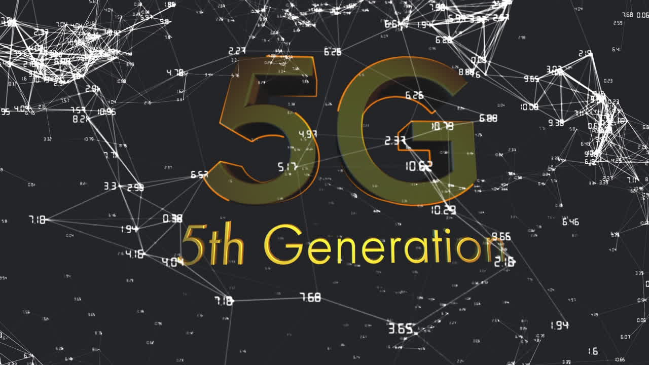 animación digital de texto 5g contra una red de conexiones sobre fondo negro