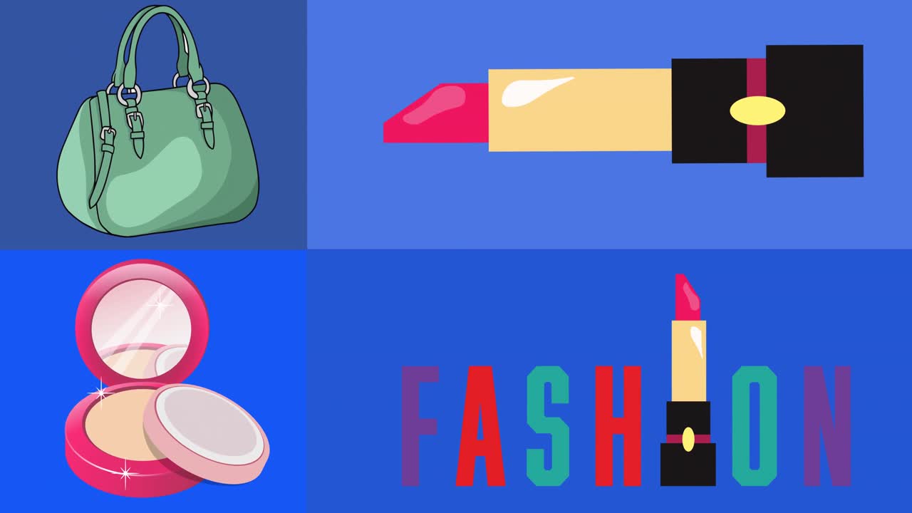 Animation of hand bag make-up powder lipstick and fashion text on blue backgroud