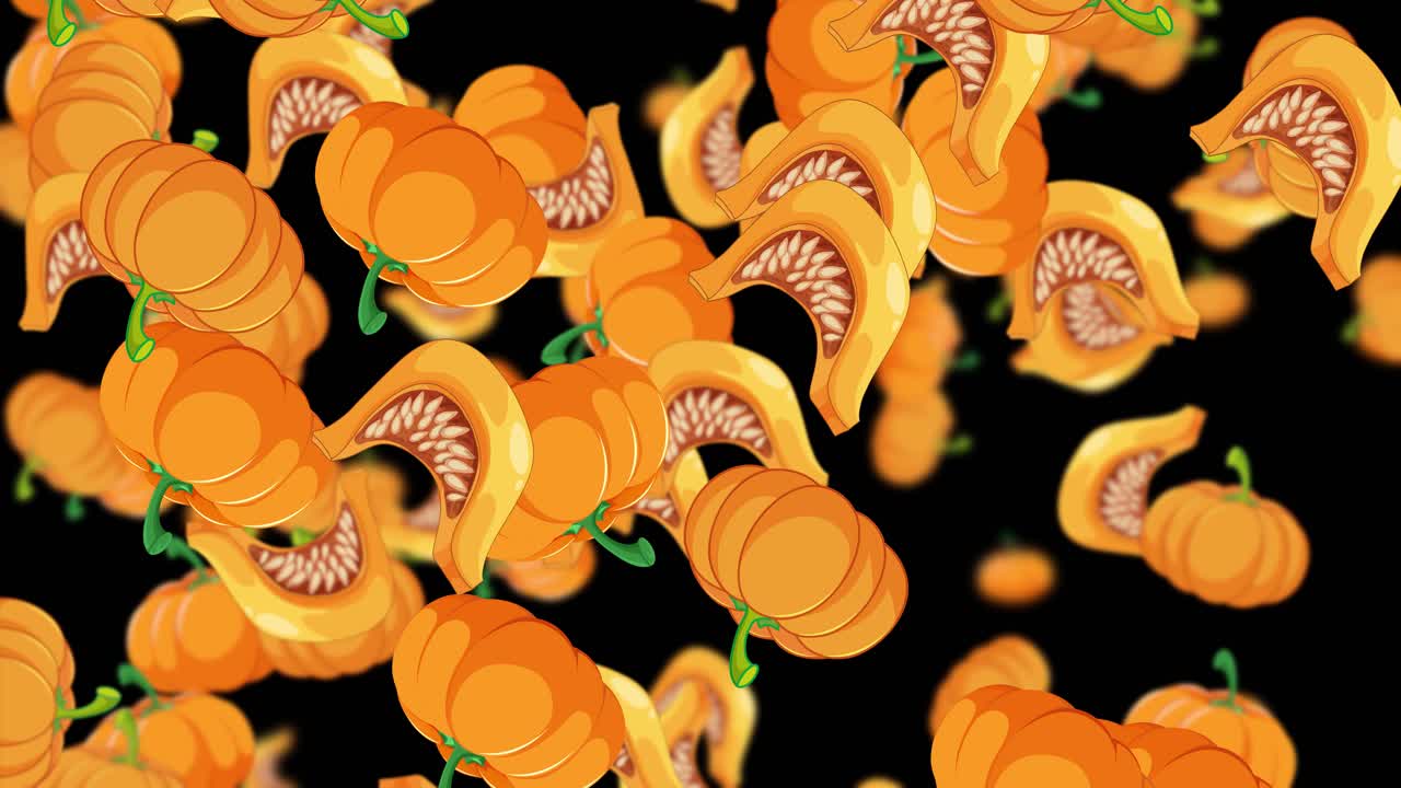 Flusso infinito di zucche e fette luminose in stile cartoni animati che cadono su uno sfondo nero pulito