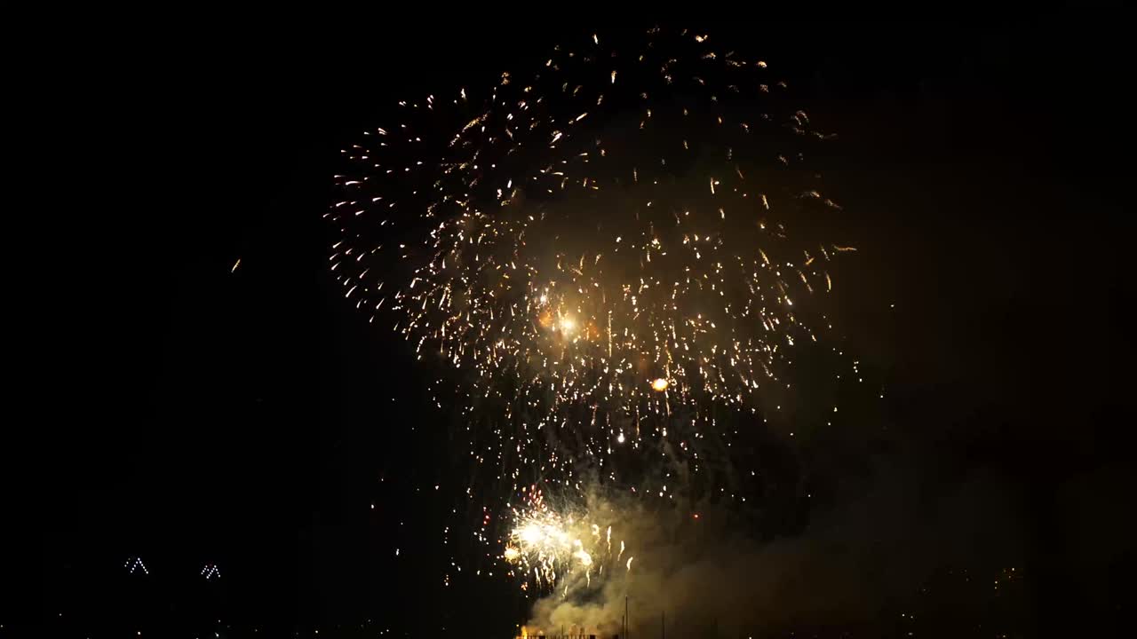 grandes fuegos artificiales sobre el agua a altas horas de la noche.