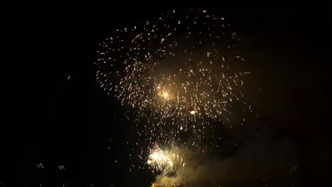 grandes fuegos artificiales sobre el agua a altas horas de la noche.
