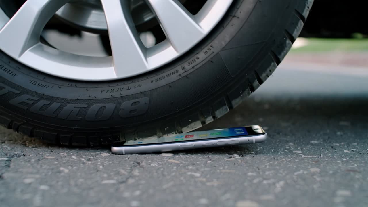Starting vehicle tire rolling compressing smartphone on paved roadside, screen reflecting buildings