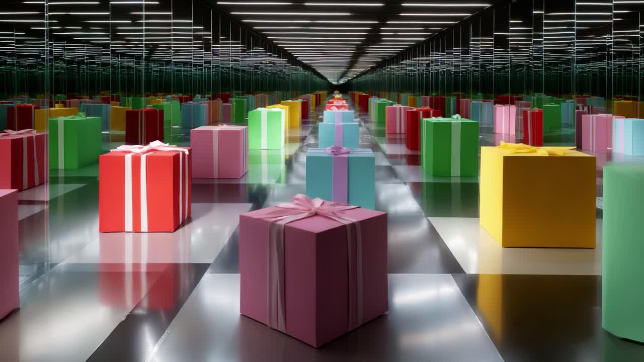 A Vibrant Display of Colorful Gift Boxes Arranged in a Reflective Infinity Room, Creating a Stunning Visual Experience of Abundance, Celebration, and Festivity