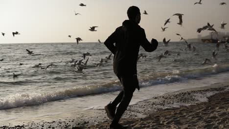 Slomotion-footage-of-a-sportive-male-running-along-the-sea-shore-with-seagulls-flying-on-the-background-view.