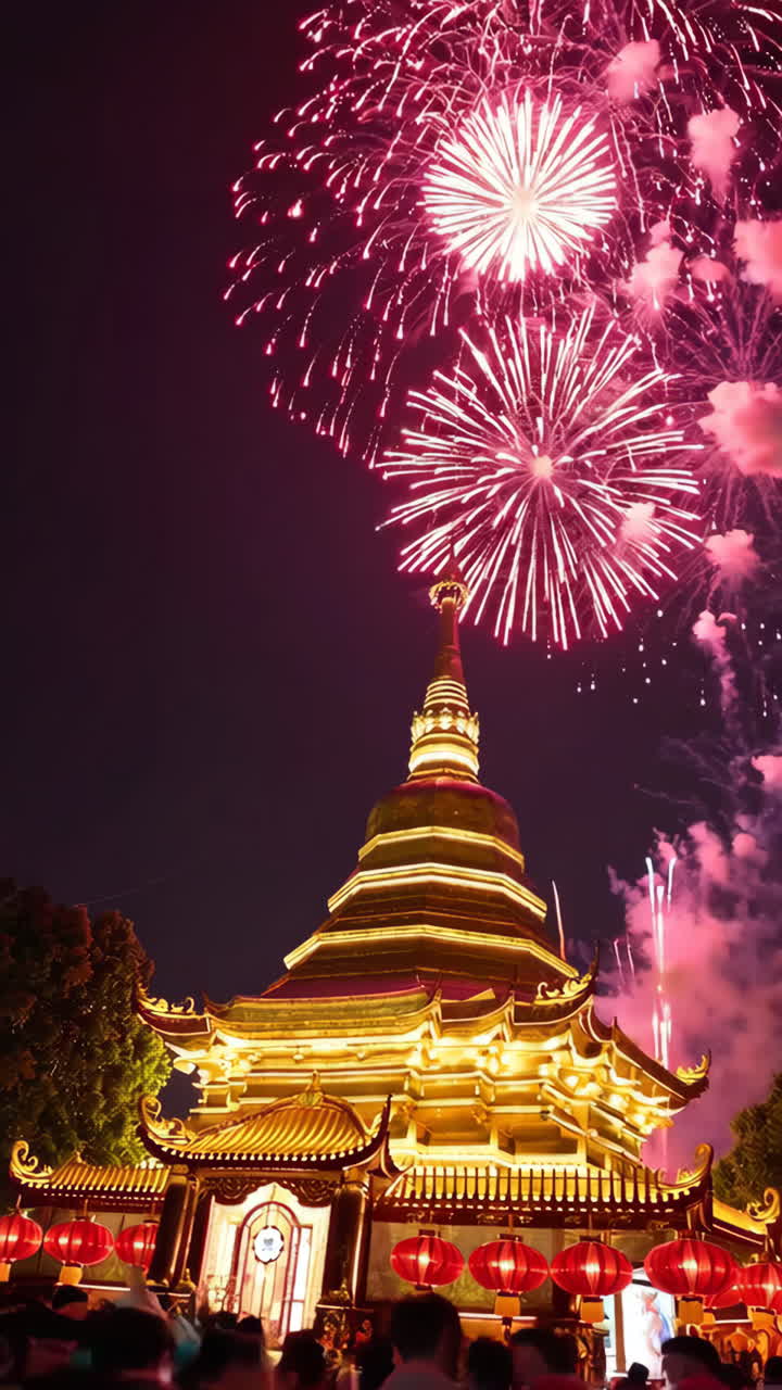 Fogos de Artifício sobre um Pagode Dourado à Noite