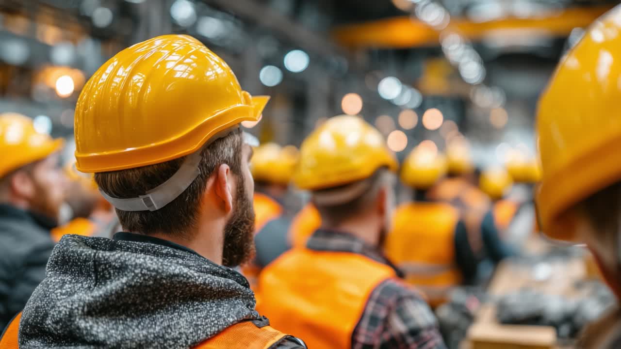 Industrial Safety Briefing: Workers in Hard Hats Focused on Expert Presentation in Modern Manufacturing Environment