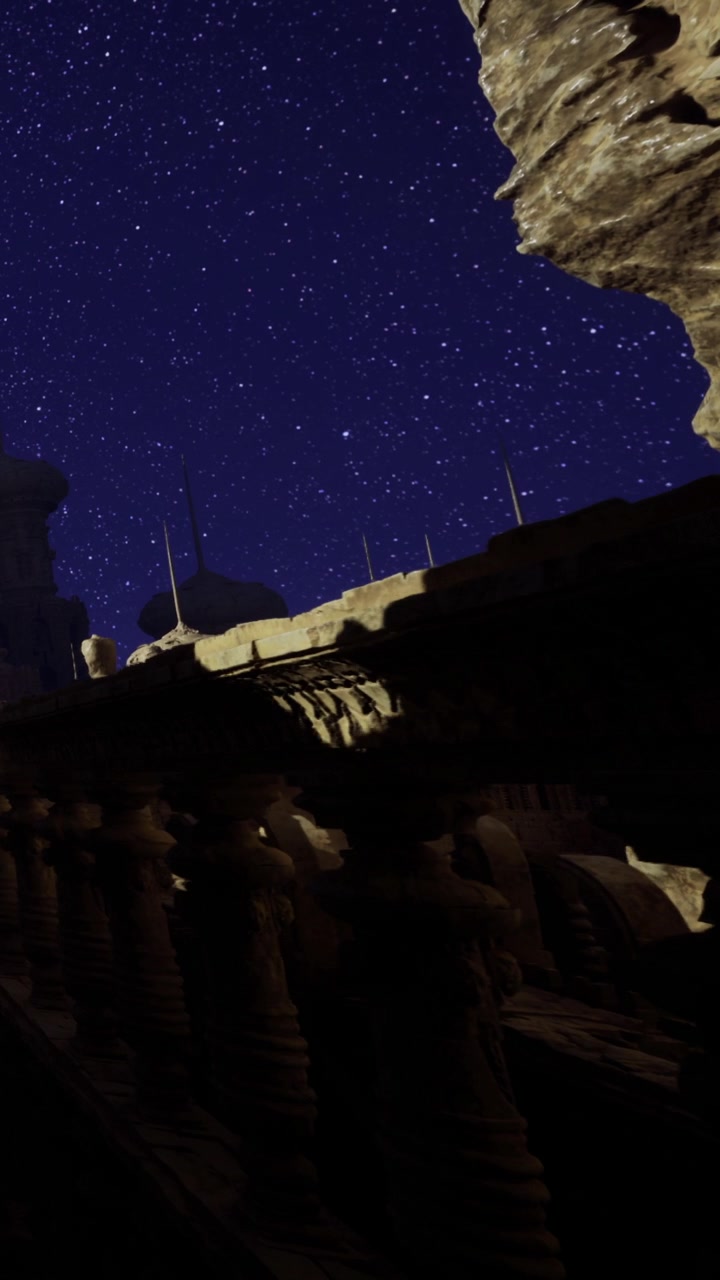 Stelle riempiono il cielo notturno sopra strutture in un paesaggio desertico.