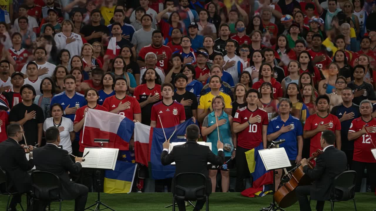 A Vibrant Display of Unity: Fans from Different Nations Stand Together, Singing the Anthem with Passion and Pride at a Major International Sporting Event