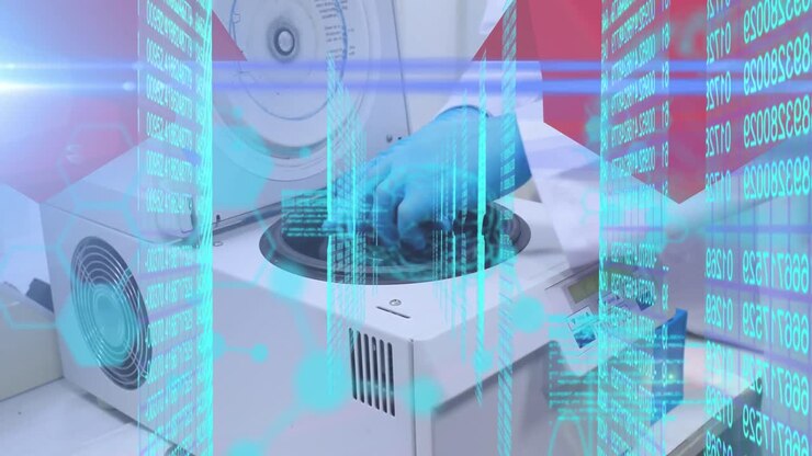 Animation of data processing and chemical formula over scientist in lab