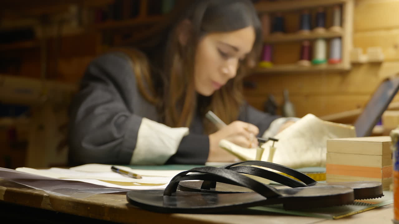 el estante se centra en un par de zapatos de chanclas en el escritorio para una artesana que dibuja una plantilla de suela en el taller