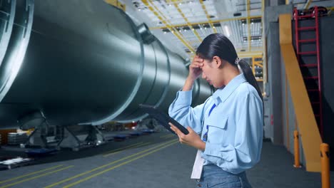 side view of asian woman not satisfied and shakes her head while using tablet in pipe manufacturing factory