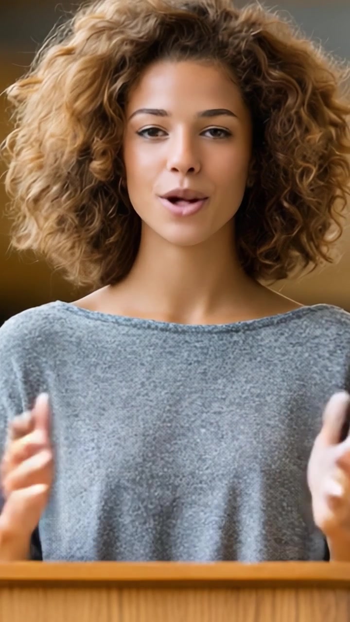 A Confident Woman with Curly Hair Engaging in a Conversation, Radiating Positivity and Charisma in a Subtle, Warm Environment