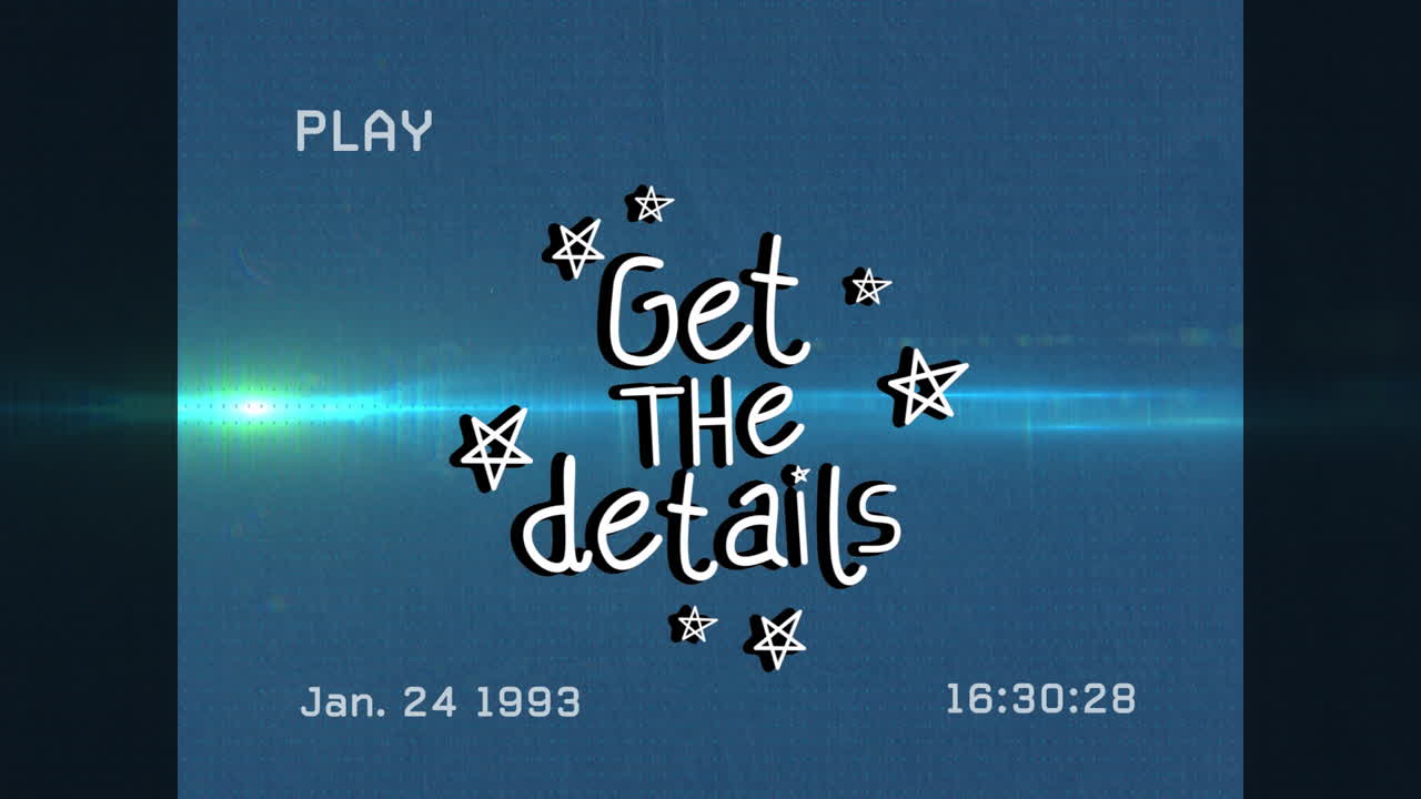 Animation of retro video interface with Get Details text and star illustrations