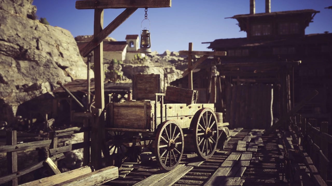 L'ora d'oro cattura una stazione rustica con lanterne e carrelli sui binari