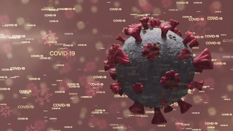 3d coronavirus covid 19 celda girando con múltiples iconos de covid 19 y texto moviéndose en fondo rojo