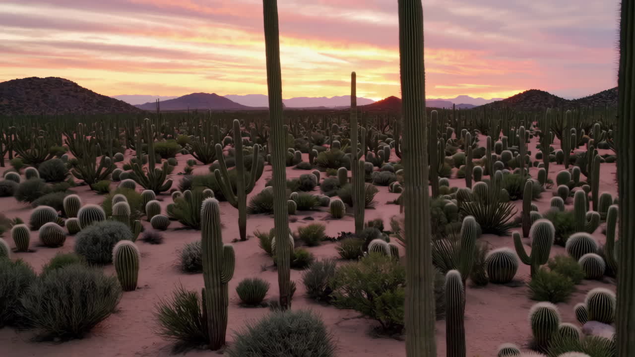 Desert Cactus Landscape at Sunset with Close-ups