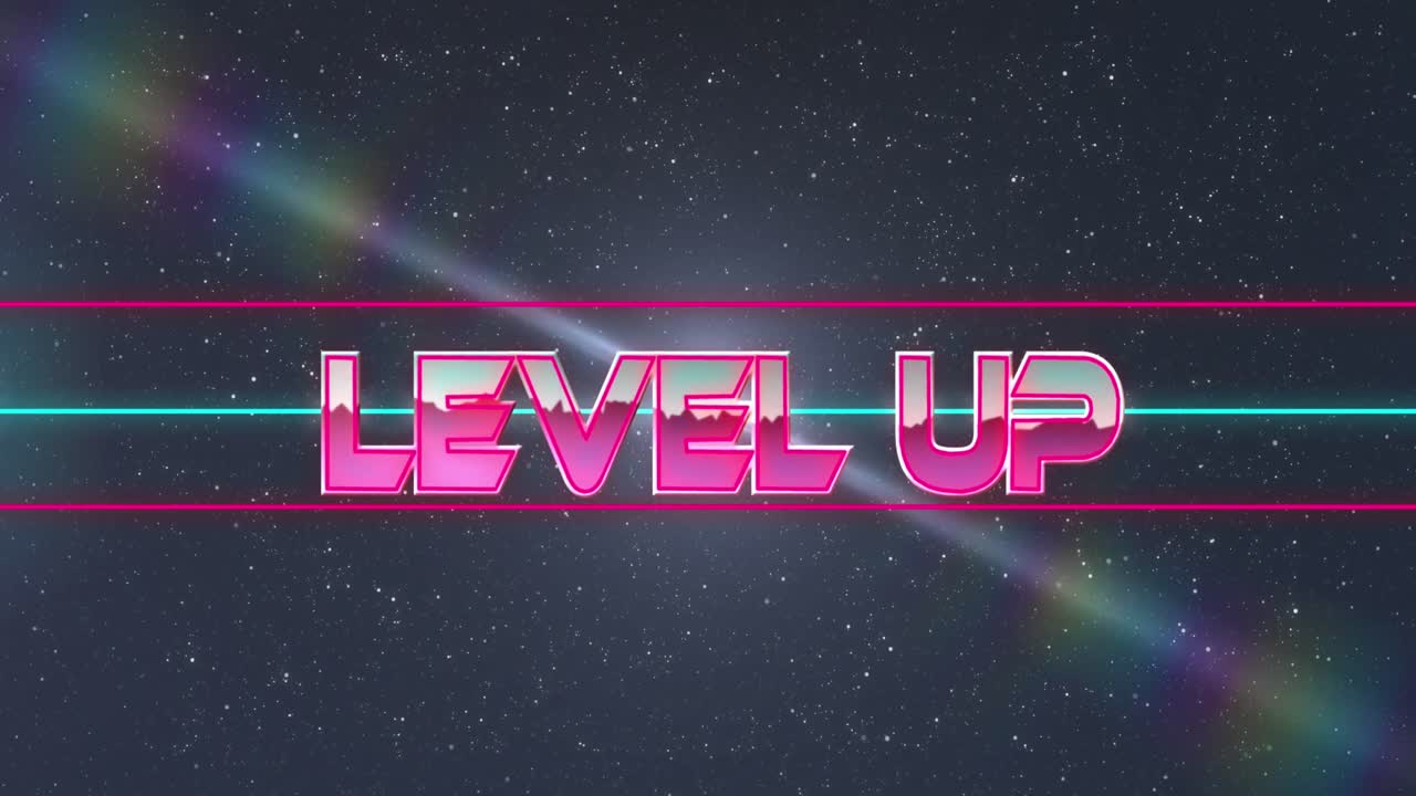 검은 바탕에 있는 빛의 흔적과 반점 위의 레벨 업 텍스트의 애니메이션