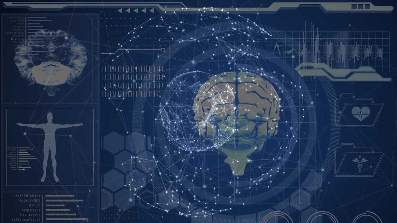 Animation of globe of connections over data processing on black background