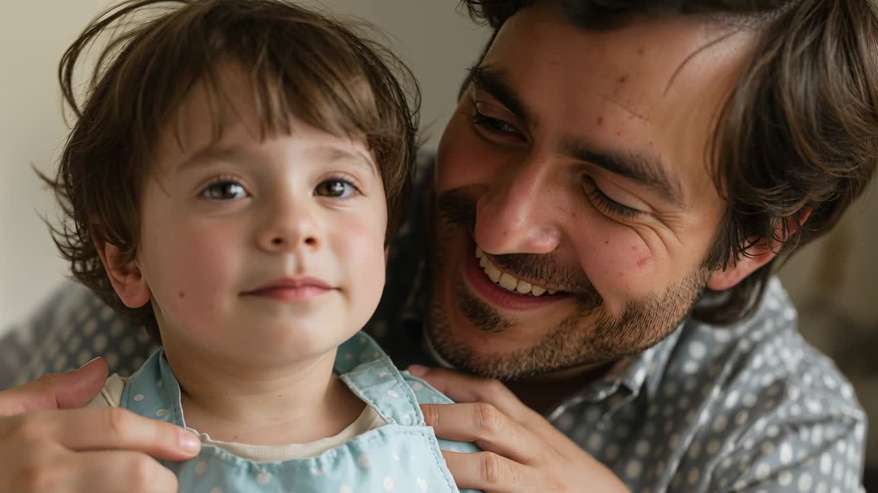 Posizionandosi dietro al bambino, il papà con camicia a fantasia gli allaccia un grembiule a pois per i lavoretti a casa.