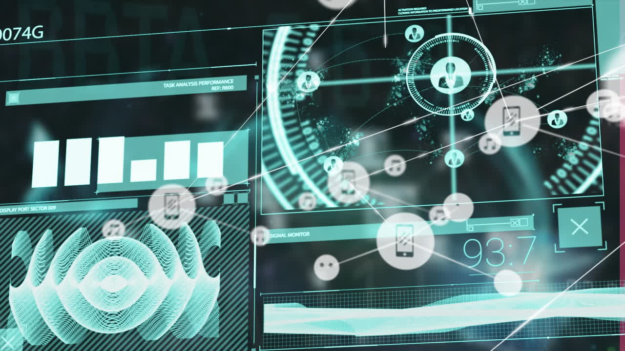 Animation of connected icons, soundwave, graph, numbers and map against black background