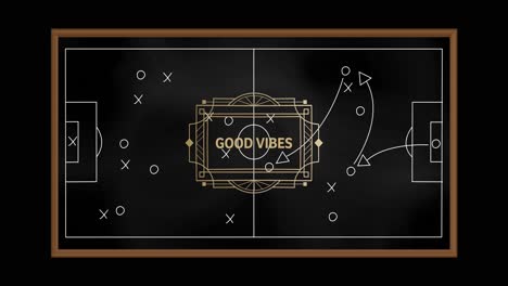Animation-of-good-vibes-text-over-drawing-of-game-plan-on-black-background