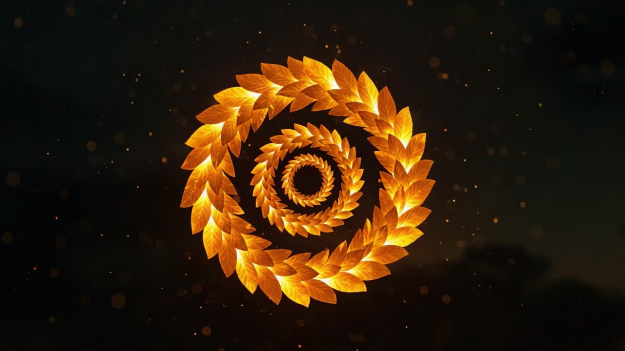 A Stunning Spiral of Golden Leaves with a Radiant Glow Captured in a Dynamic Motion Sequence, Showcasing Nature's Beauty in a Mesmerizing Visual Experience