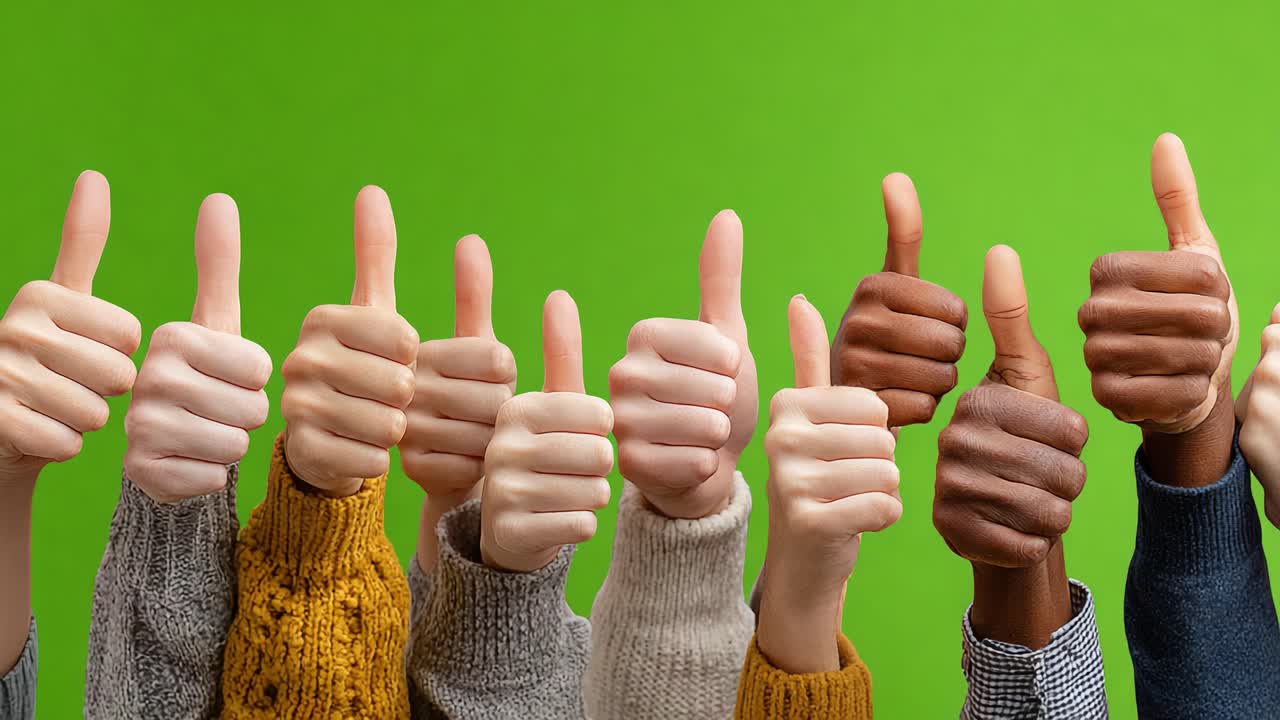 Celebrando la unión y la positividad: una colección de manos mostrando pulgares arriba sobre un fondo verde brillante que captura el entusiasmo y el apoyo