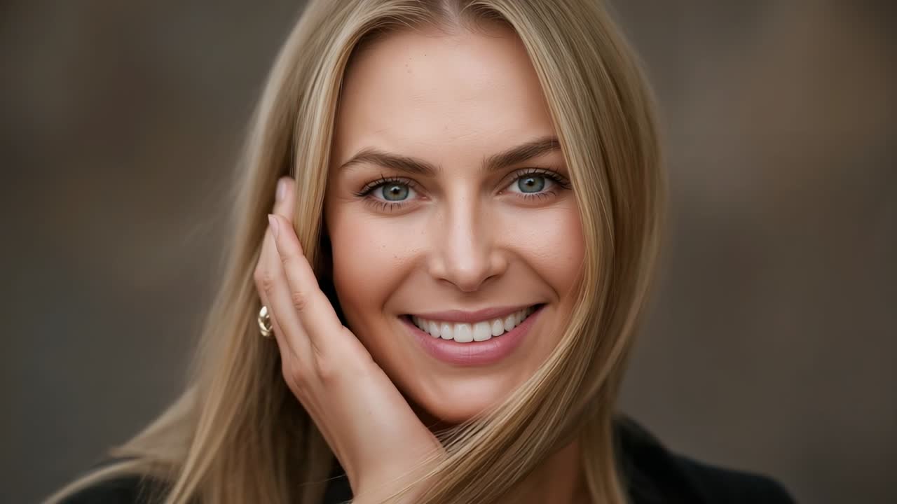 Smiling woman wearing dark top pressing left ringed hand to cheek while camera starting in studio