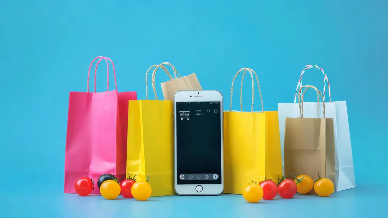 Online Shopping and Grocery Delivery - Colorful Shopping Bags and Smartphone