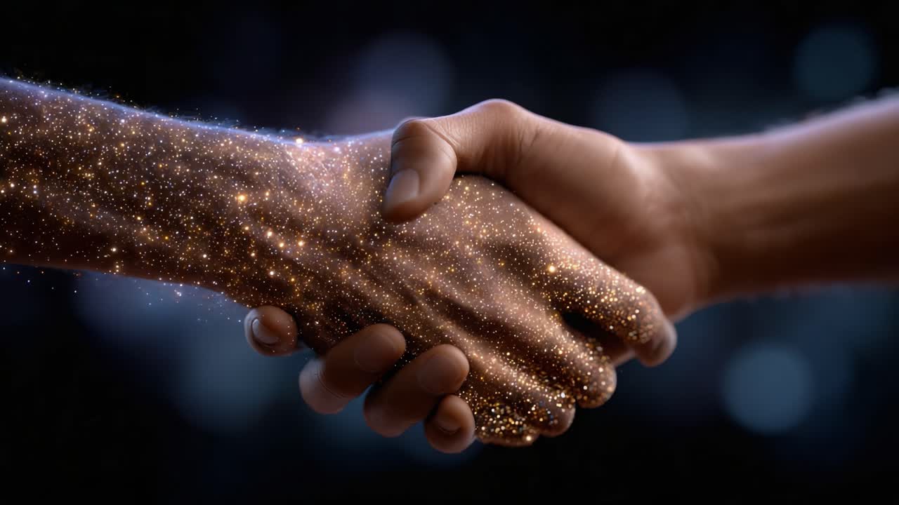 A Cosmic Connection: Two Hands Shaking, Embodying Unity and Collaboration with a Glimmering Starry Effect, Symbolizing Harmony and Shared Aspirations