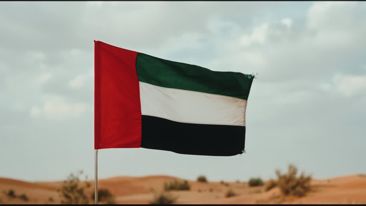 United Arab Emirates Flag Waving in Desert Landscape