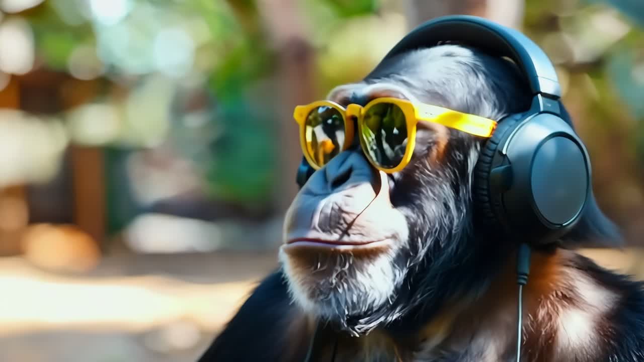 Um macaco usando fones de ouvido e óculos de sol
