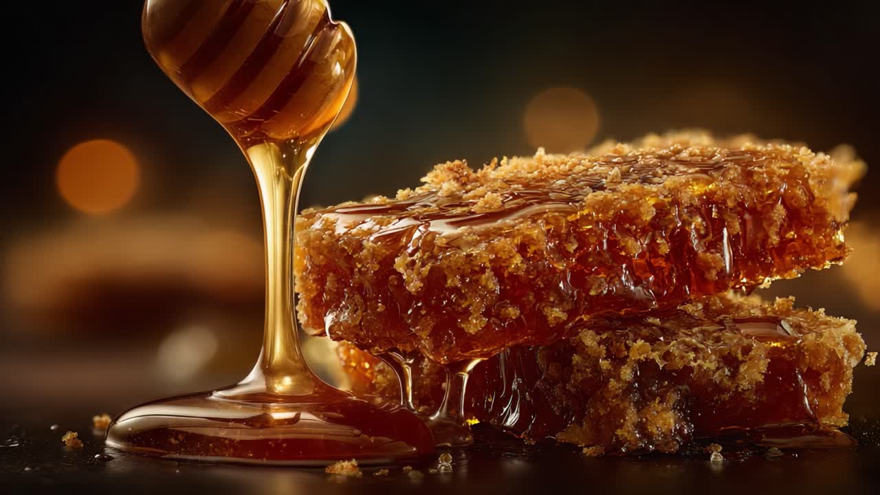 Magnifico primo piano di miele che cola su un favo dorato con uno sfondo scuro e caldo, creando un'atmosfera lussuosa e una dolcezza invitante alla scena.
