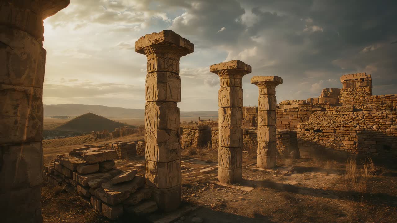 Dollying camera moving right revealing three carved stone columns on sunlit plain, exposing detail