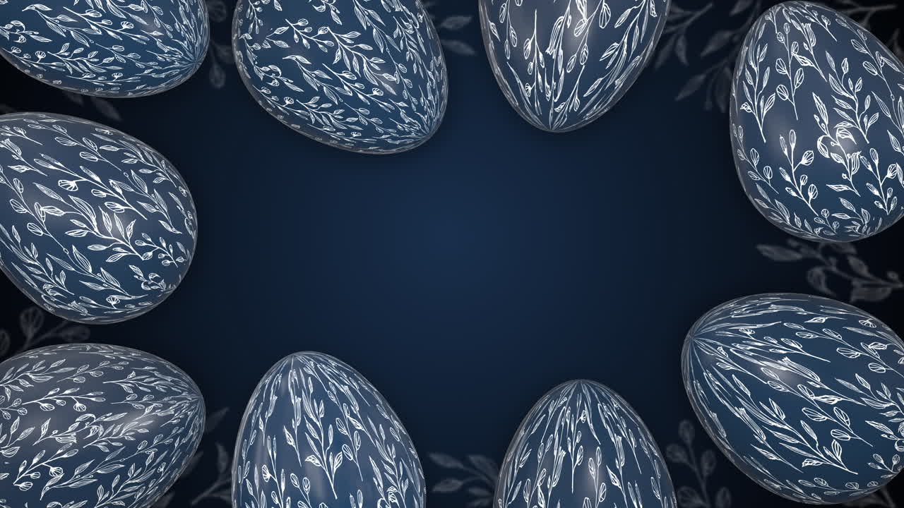 Easter blue eggs with painted patterns. Animated holiday spring background. Christian religious holiday of Easter. Empty copy space for text.