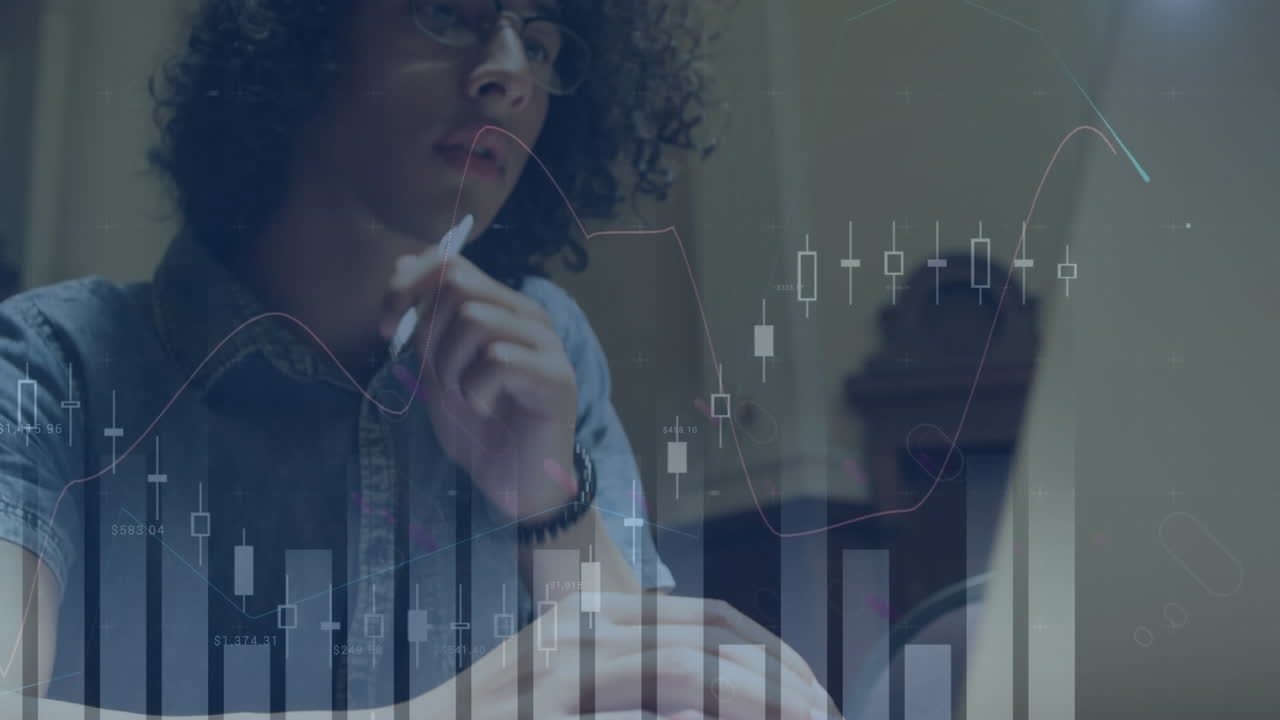 Animated data on screens illustrates global business and tech synergy.