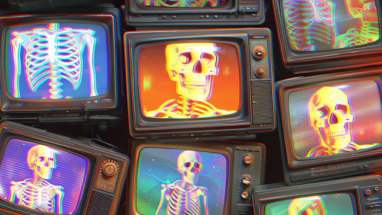 Stack of vintage CRT televisions displaying colorful glitch skeleton and skull imagery with chromatic aberration and scanlines, retro VHS aesthetic for Halloween themes