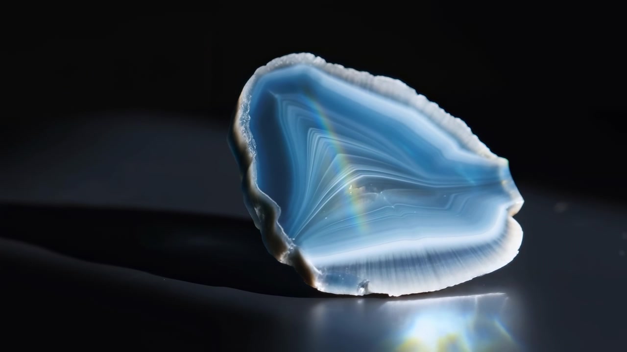 Close-up motion shows blue agate geode slice gently tilting on glossy dark tabletop, creating shifting highlights, soft reflections, and dramatic contrast within moody studio setting