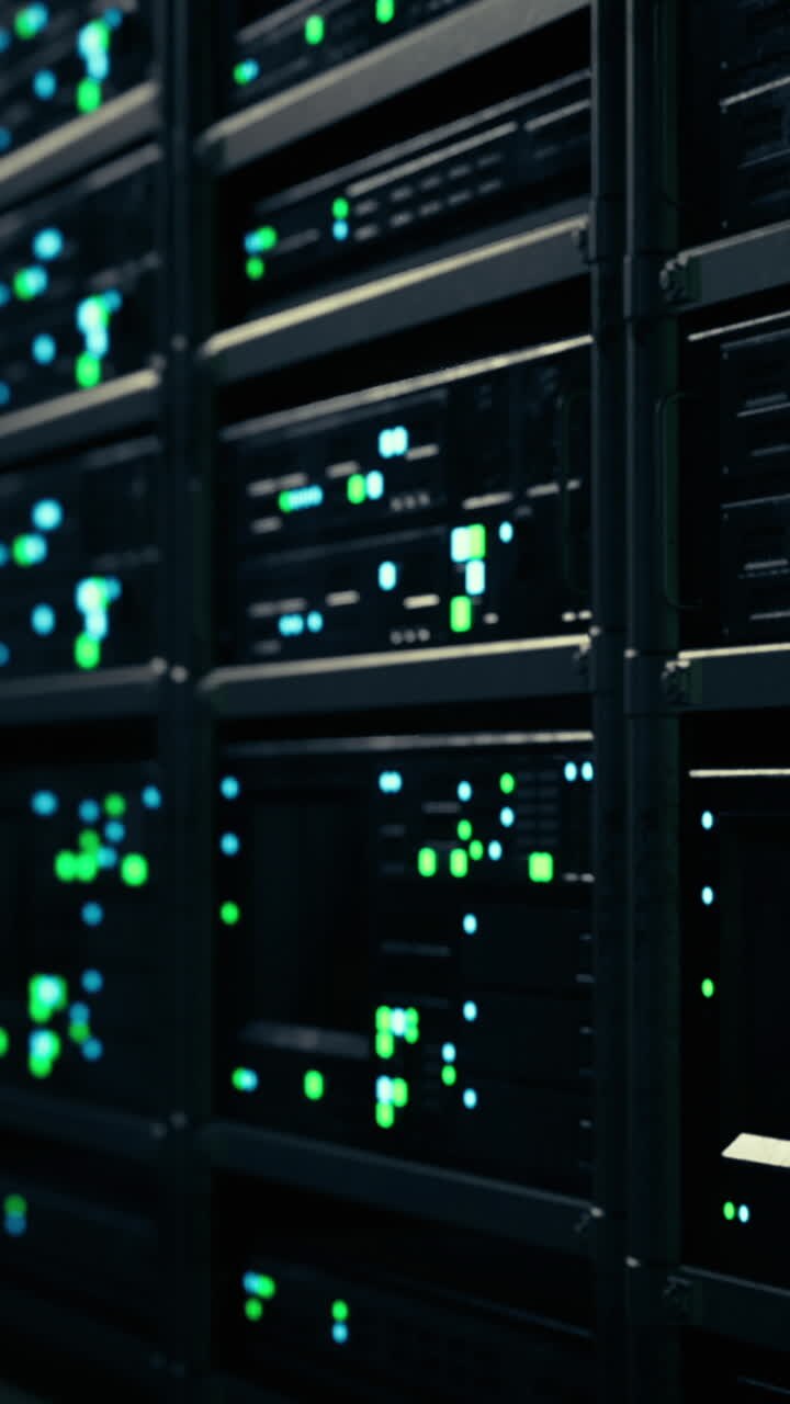 High tech data center showcases vibrant displays of active server activity