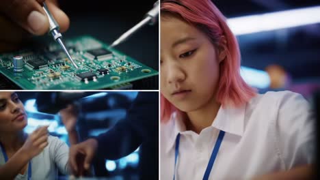 focused analysis of electronic components: a deep dive into circuit boards and modern technology featuring dedicated practitioners engaged in advanced tech tasks