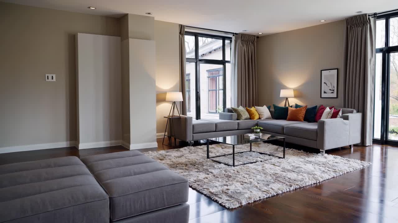 Modern living room with a cozy vibe, featuring a sectional sofa and colorful pillows