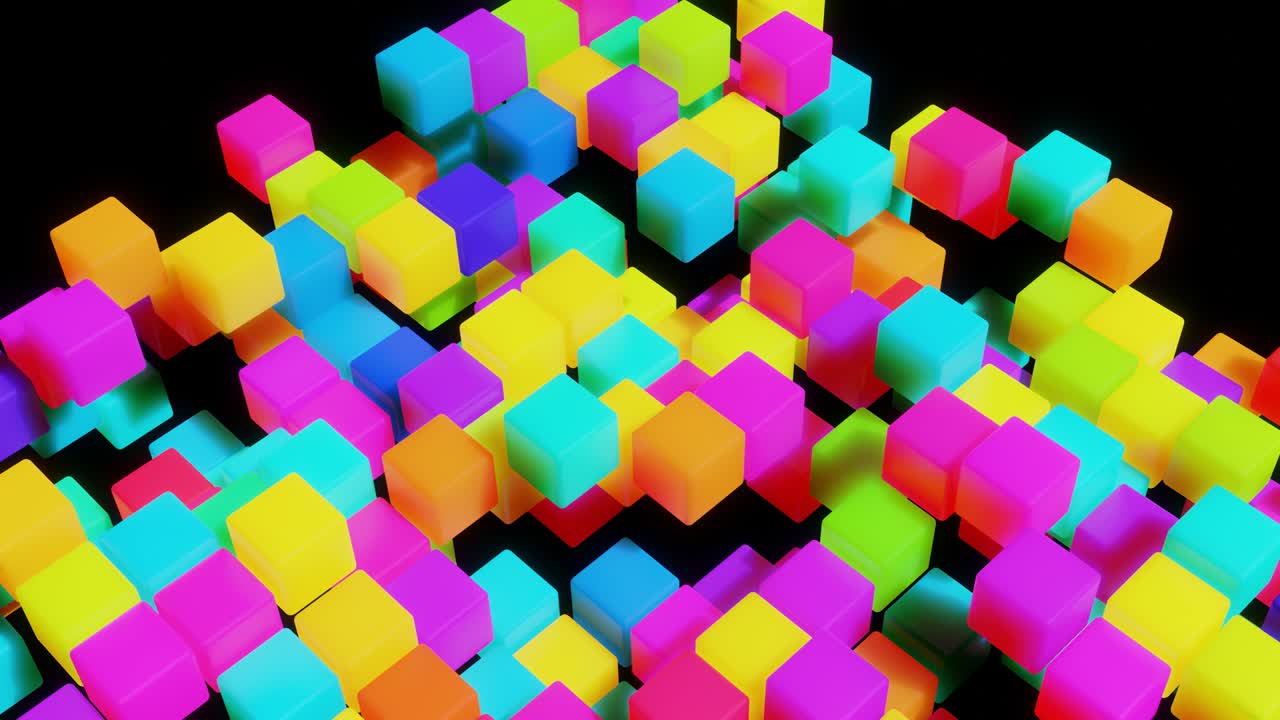 다채로운 큐브와 함께 3d 추상적인 간단한 기하학적 배경, 4k에서 무작위로 네온 빛을 박이는, 부드러운 루프 애니메이션, 3d 객체와 함께 창의적인 간단한 모션 디자인, vj 루프