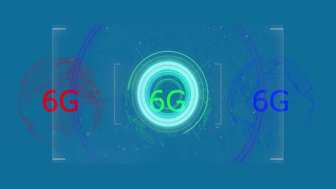 Animation of scope scanning over 6g text and globe on blue background