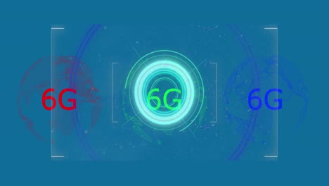 animation of scope scanning over 6g text and globe on blue background