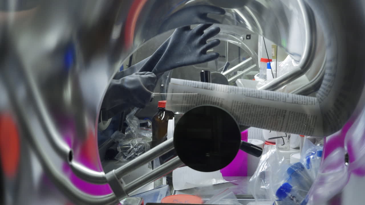 ученый, работающий внутри шкафа безопасности.