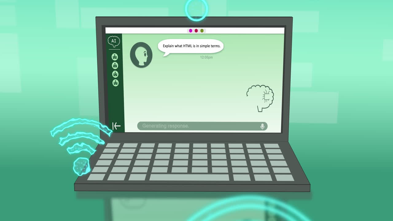 Animation of ai chat and data processing over laptop on green background